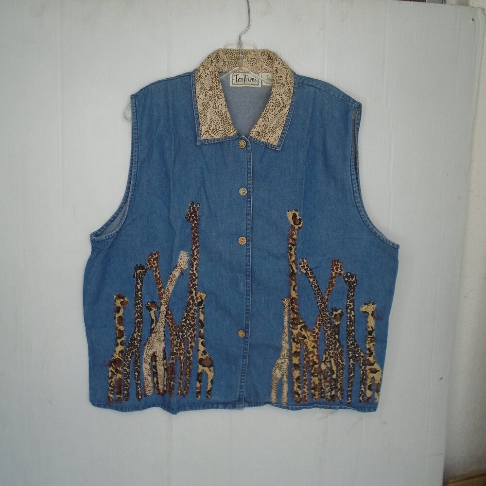 Tantrums Womens Giraffe Print Denim Jeans Vest Size 2X Blue